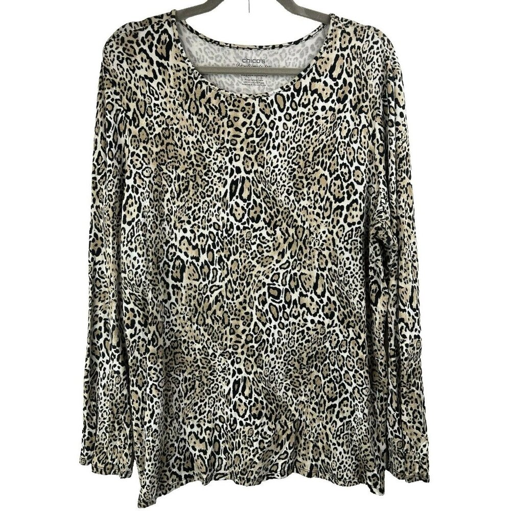 Chicos Ultimate Tee Woman's‎ Top XL Leopard Cheetah Long Sleeve Rayon Stretch